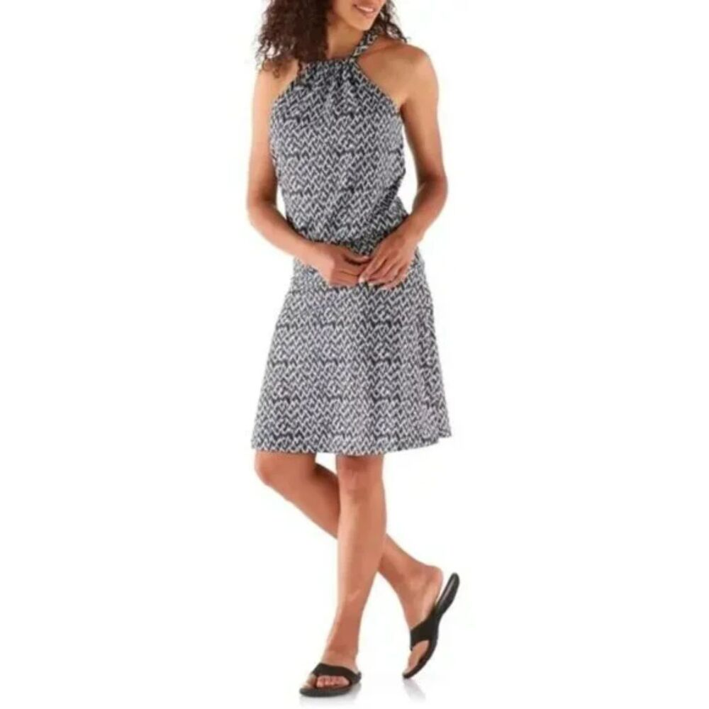 Prana Women's Montezuma Dress EUC Black White Geometric Aztec Hiking Outdoor M
